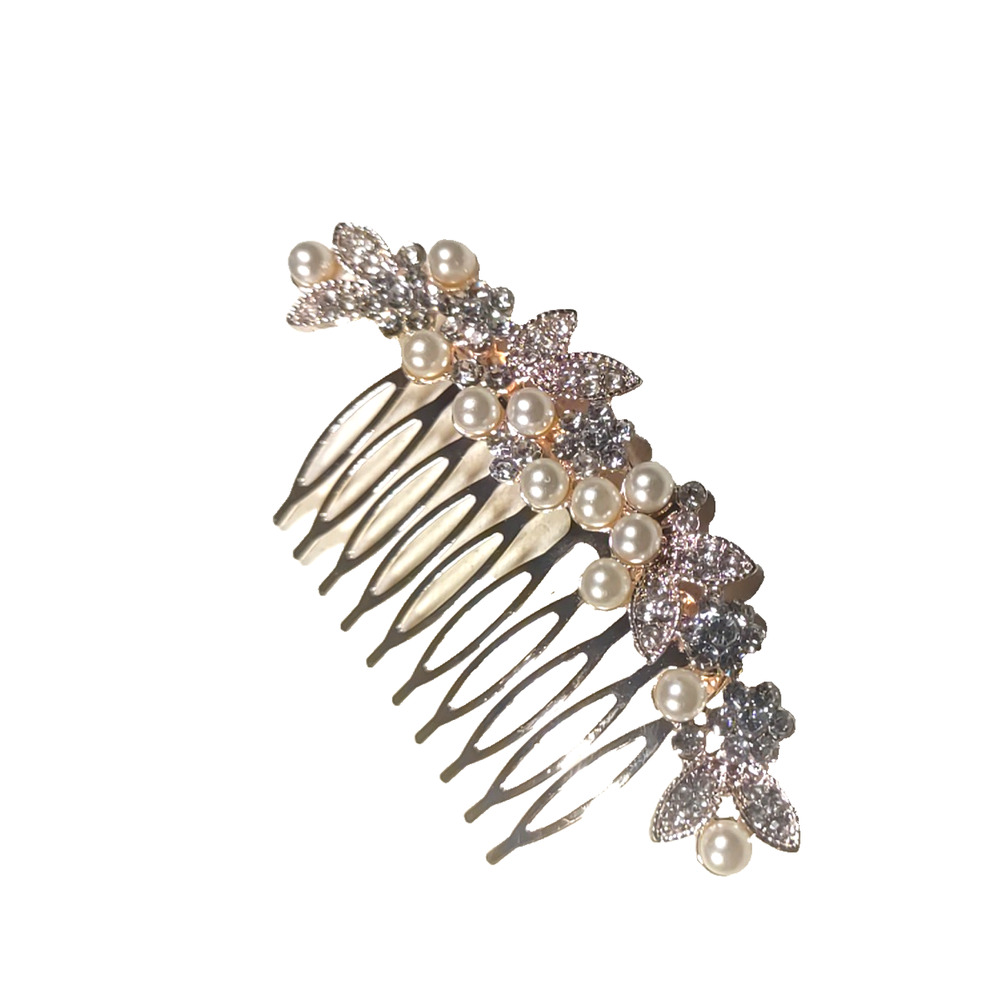 Rhinestone Hair Comb Barrette Rose Gold Tone Faux Pearls Wedding Party Dance